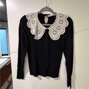 Zara Black Blouse with Cream Lace Collar